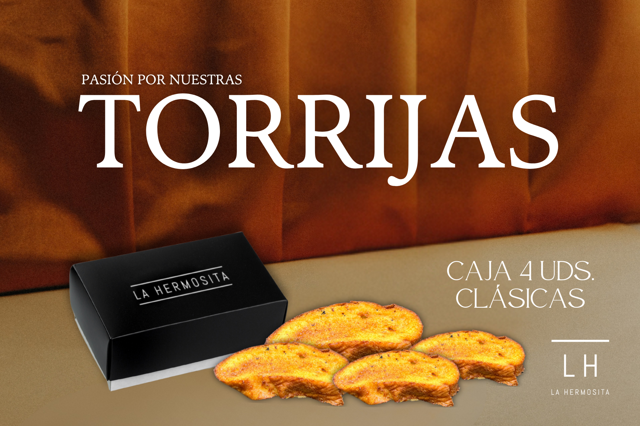 Cajas de torrijas clásicas artesanales de La Hermosita, el postre tradicional perfecto para compartir.