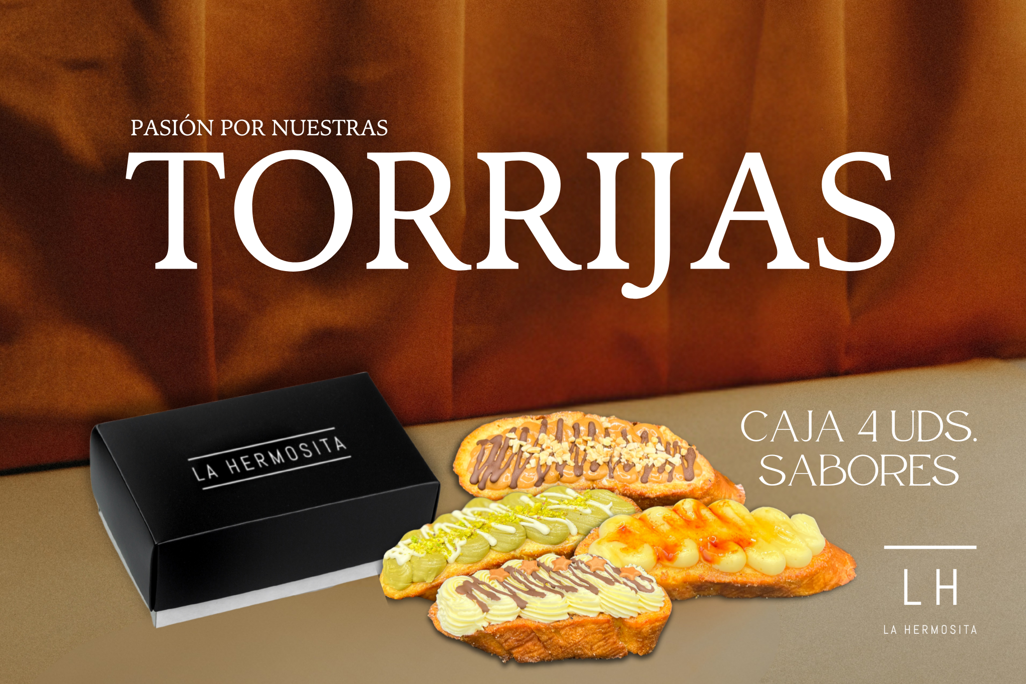 Caja de torrijas variadas de La Hermosita, con sabores artesanales para elegir.